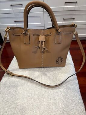 Tory Burch Brown Pebbled Leather Drawstring Tote